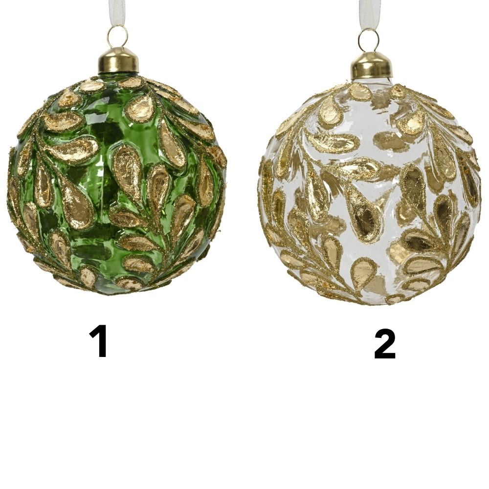 Decoris 10cm Transparent Glass Bauble with Gold Leaves (Choice of 2)
