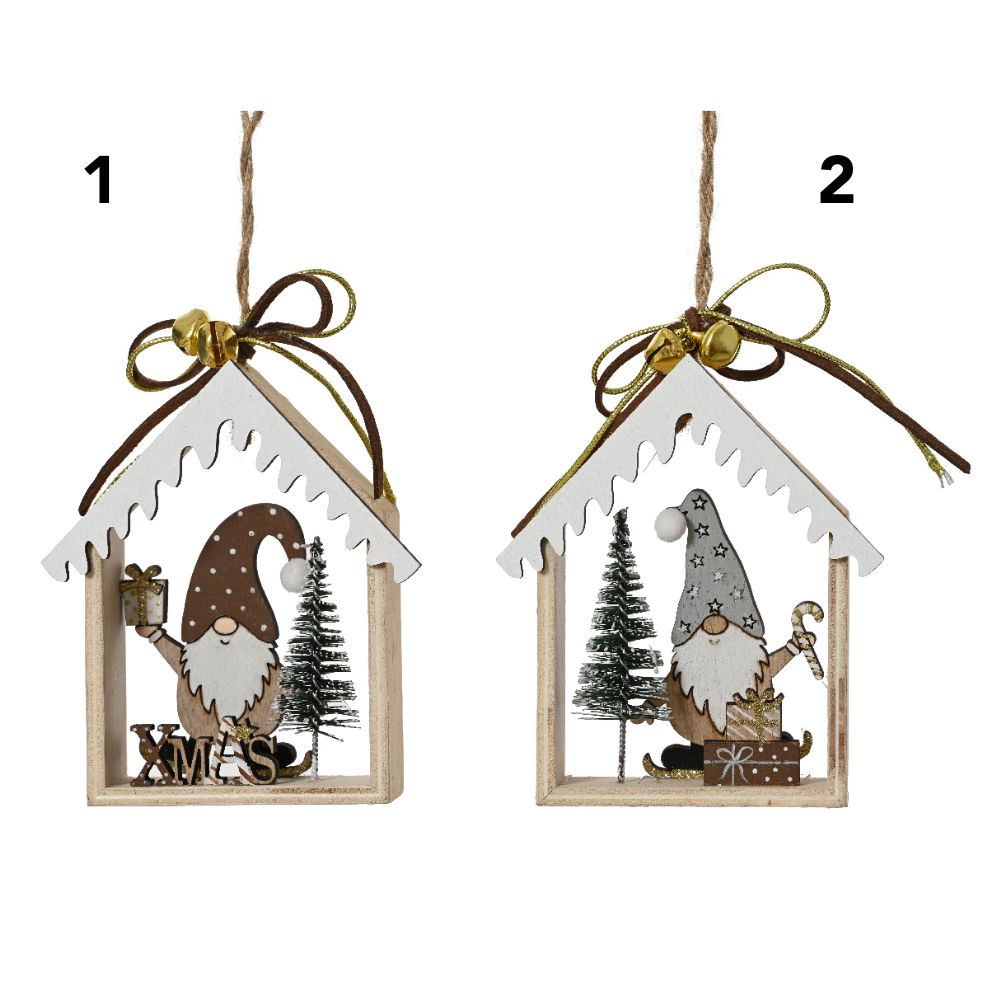 Decoris 11cm Gonk in Wooden House Hanging Decoration - (Choice of 2)