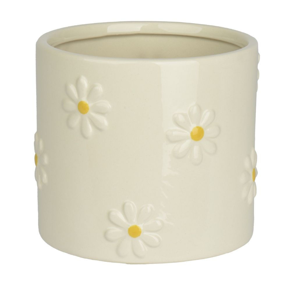 Decoris 13cm Dolomite Daisy Glazed Planter