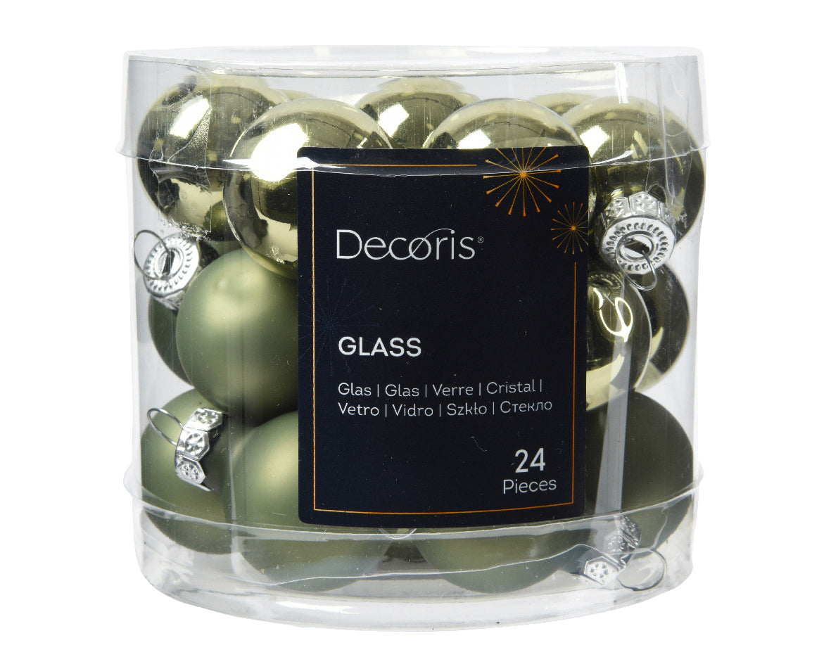 Decoris 2.5cm Rosemary Green Shiny & Matt Mix Glass Bauble Pack (Set of 24)