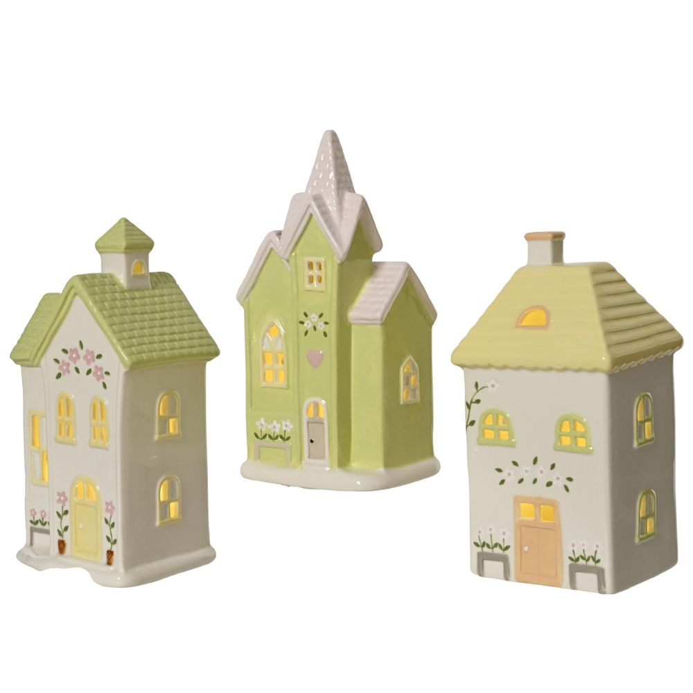 Decoris 22cm Porcelain LED House (Choice of 3) - Green/White