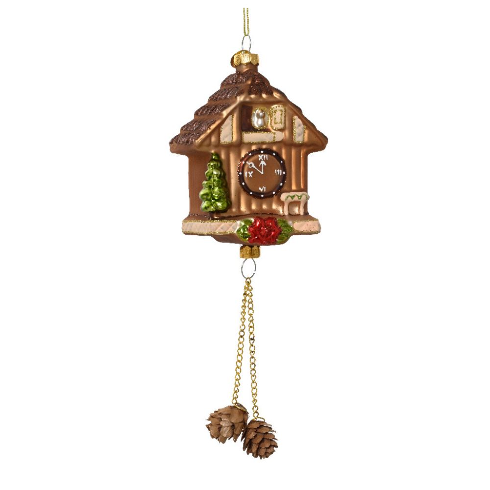 Decoris 24cm Glass Cuckoo Clock Hanging Decoration - Brown
