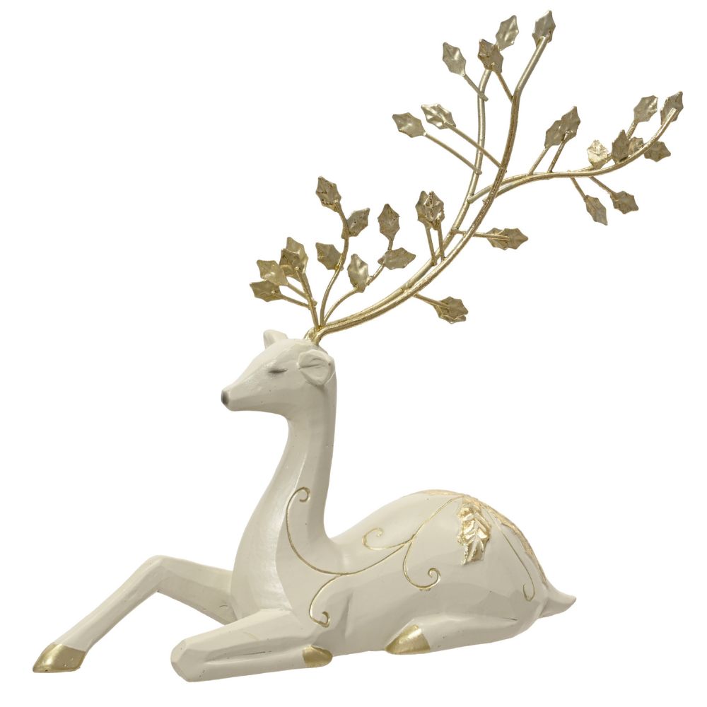 Decoris 25cm White & Gold Polyresin laying Reindeer