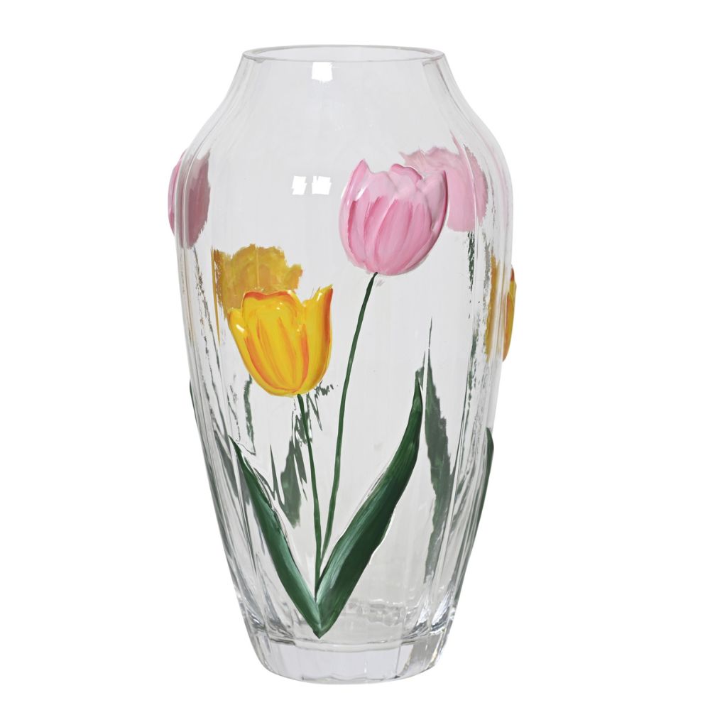 Decoris 28cm Clear Glass Vase with Painted Flowers