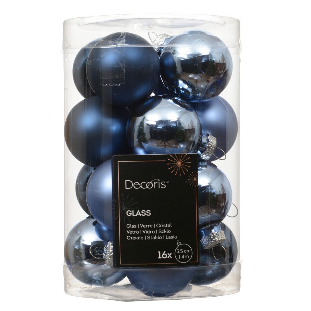 Decoris 3.5cm Blue Shiny/Matte Assorted Bauble Mix (Pack Of 16)