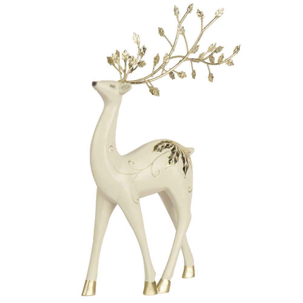 Decoris 35cm White & Gold Polyresin Standing Reindeer