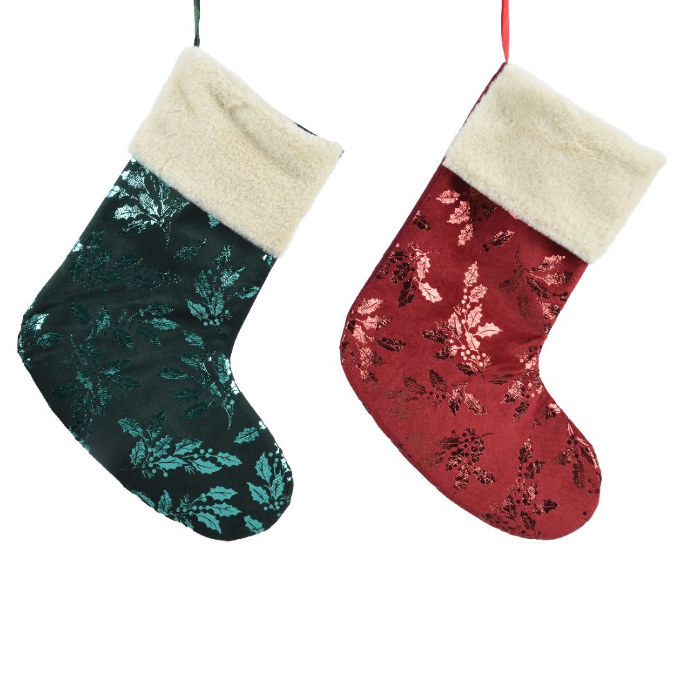 Decoris 37cm Foil Leaf Print Christmas Stocking (Choice of 2)