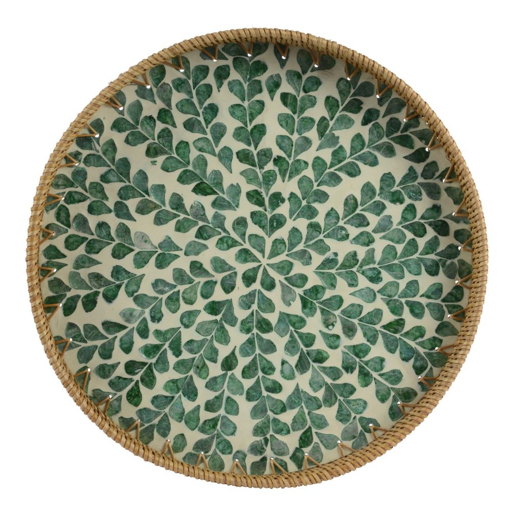 Everlands 38cm Round Rattan Tray with Leaf Pattern Milk Glue