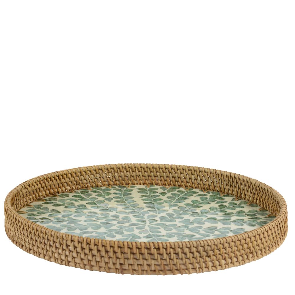 Everlands 38cm Round Rattan Tray with Leaf Pattern Milk Glue