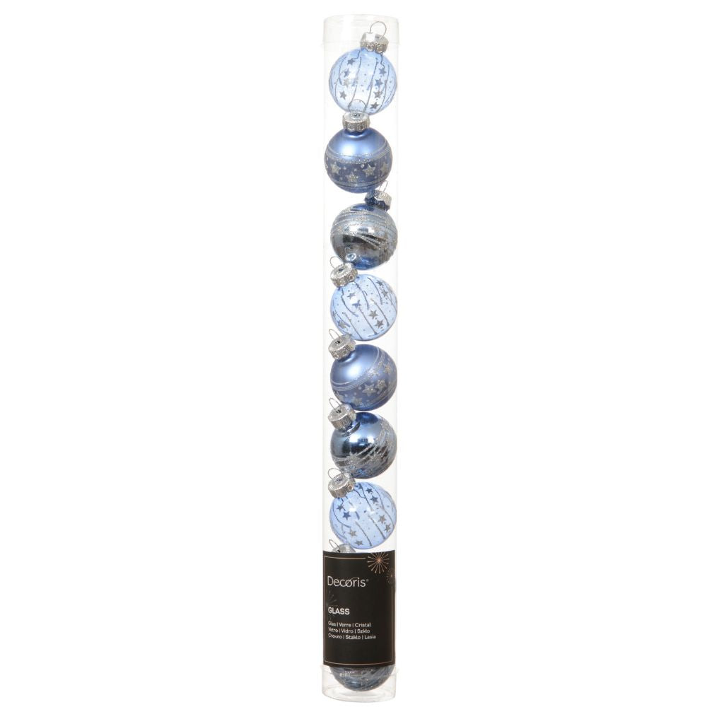 Decoris 3cm Blue Assorted Glass Baubles (Pack of 9)