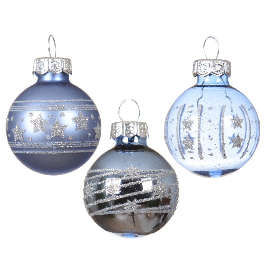 Decoris 3cm Blue Assorted Glass Baubles (Pack of 9)