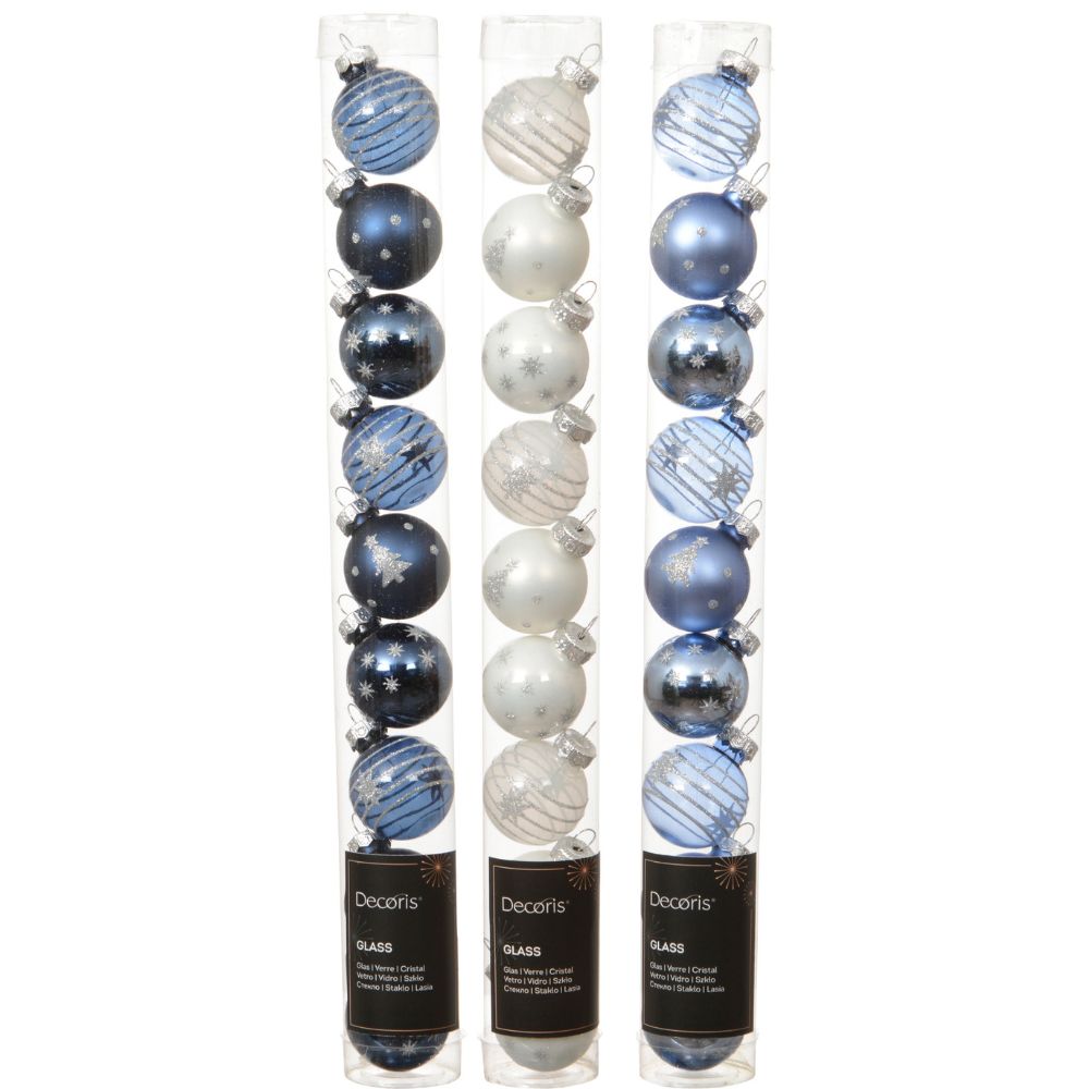 Decoris 3cm Blue/White Assorted Glass Baubles (Pack of 9) - (Choice of 3)