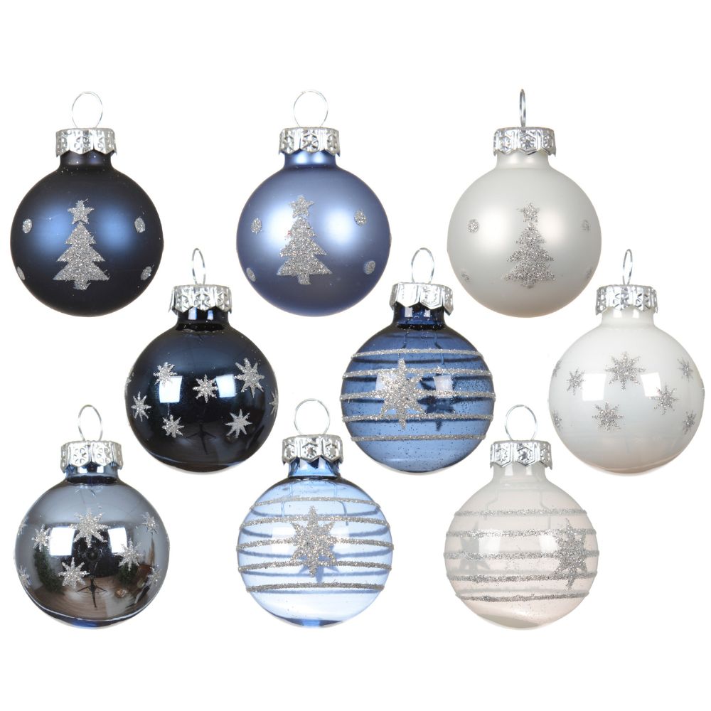 Decoris 3cm Blue/White Assorted Glass Baubles (Pack of 9) - (Choice of 3)