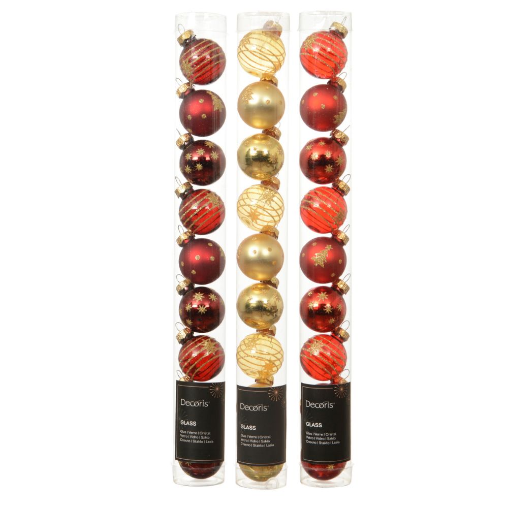 Decoris 3cm Gold/Red/Oxblood  Assorted Glass Baubles (Pack of 9) - (Choice of 3)
