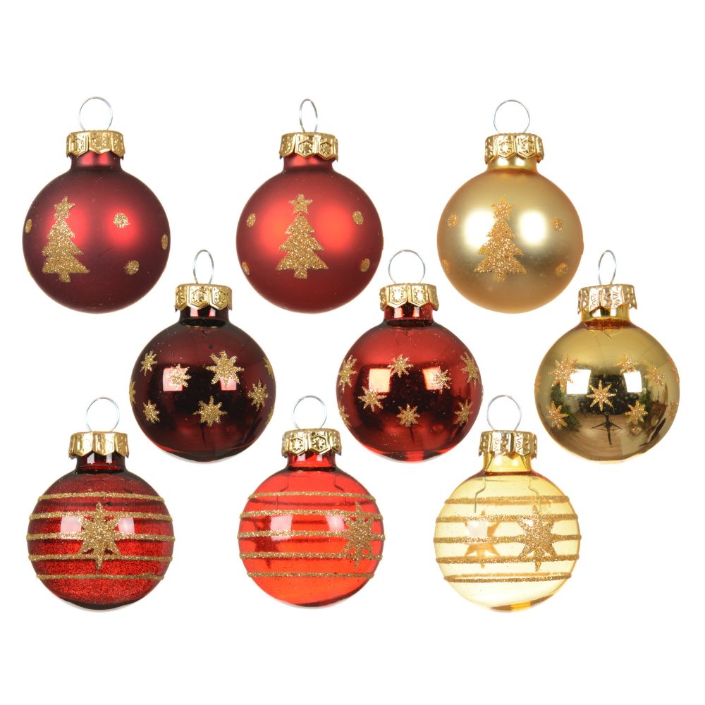 Decoris 3cm Gold/Red/Oxblood  Assorted Glass Baubles (Pack of 9) - (Choice of 3)