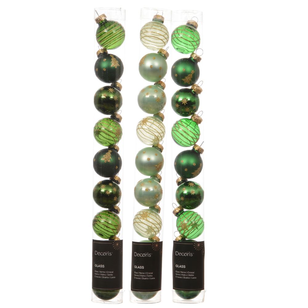 Decoris 3cm Green Assorted Glass Baubles (Pack of 9) - (Choice of 3)