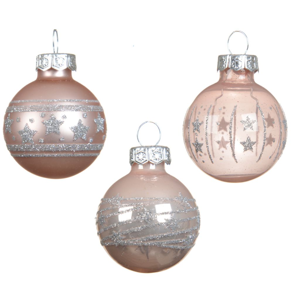 Decoris 3cm Pink Assorted Glass Baubles (Pack of 9)