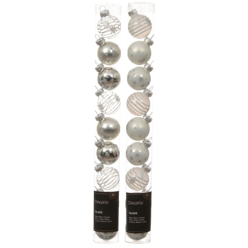 Decoris 3cm White/Silver  Assorted Glass Baubles (Pack of 9) - (Choice of 2)