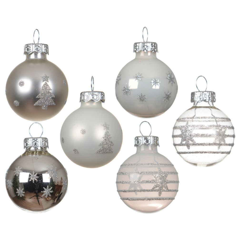 Decoris 3cm White/Silver  Assorted Glass Baubles (Pack of 9) - (Choice of 2)