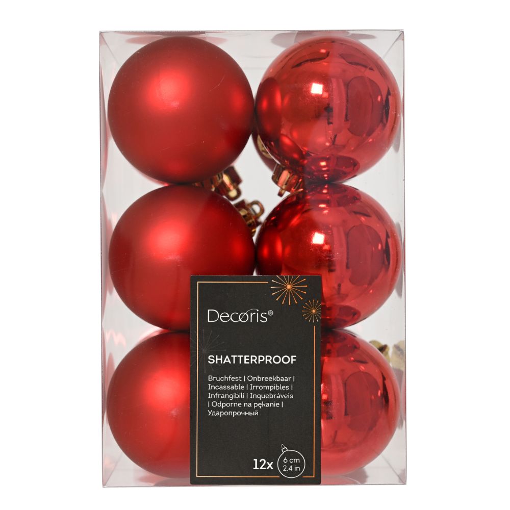 Decoris 6cm Christmas Red Shatterproof Baubles (Pack Of 12)