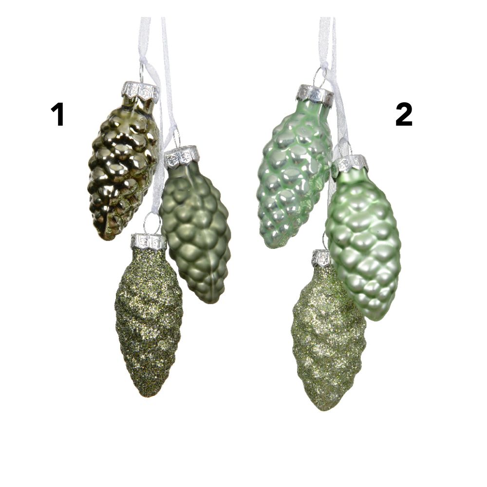 Decoris 6cm Glass Pinecone Hanging Decoration - Green - (Choice of 2)