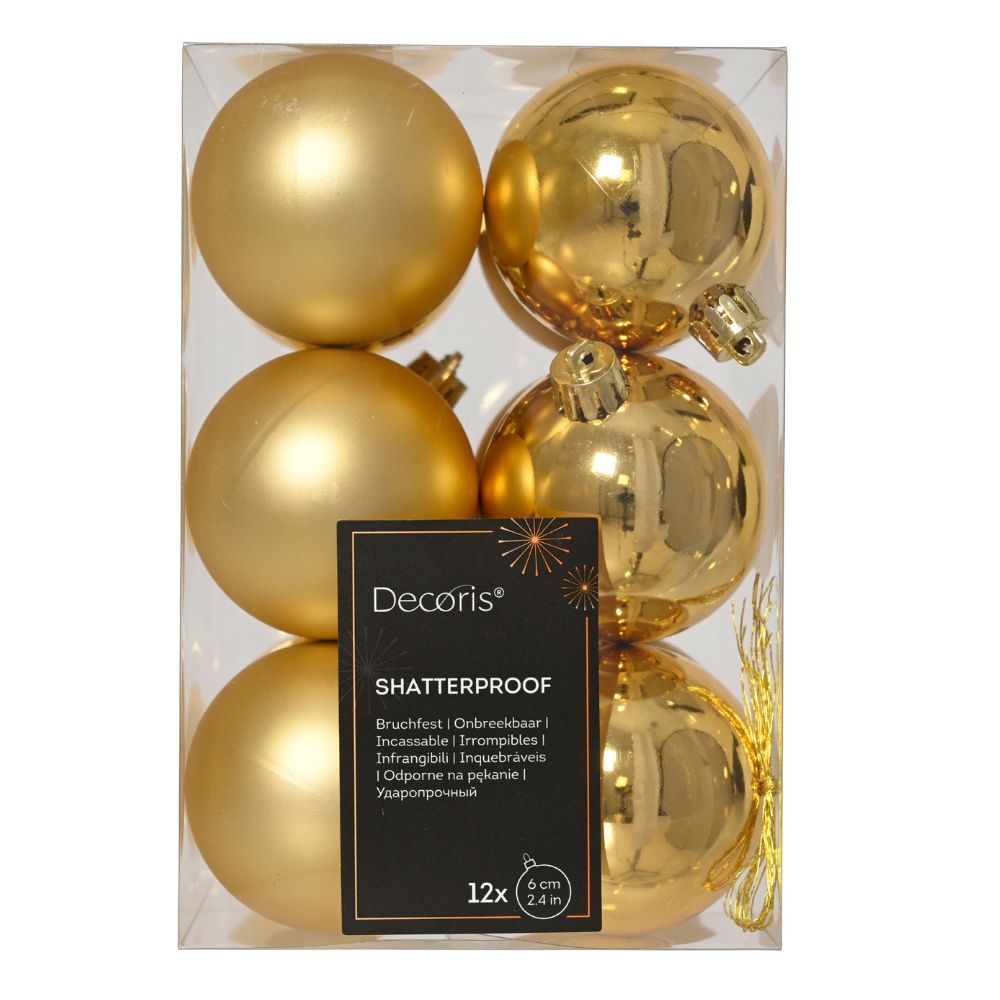 Decoris 6cm Light Gold Shatterproof Baubles (Set of 12)