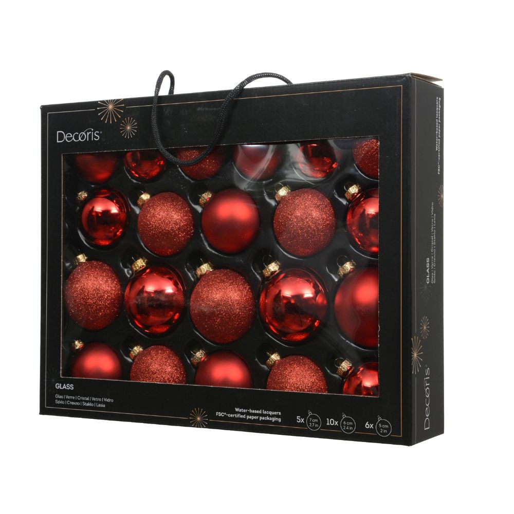 Decoris 7cm Assorted Red Glass Baubles (Pack Of 21)