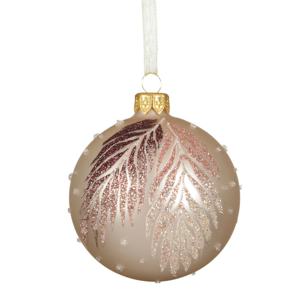 Decoris 8cm Beige Matte Glass Bauble with Fern Leaf