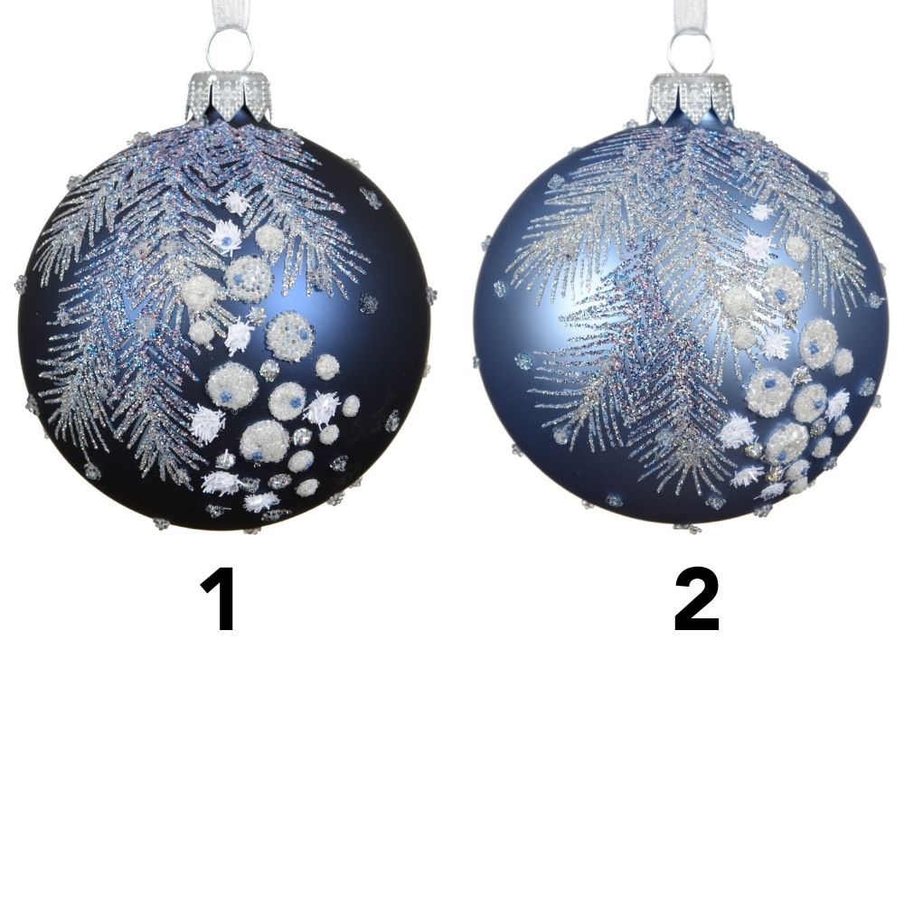 Decoris 8cm Blue Matte Glass Bauble with Leaves & Berries (Choice of 2)