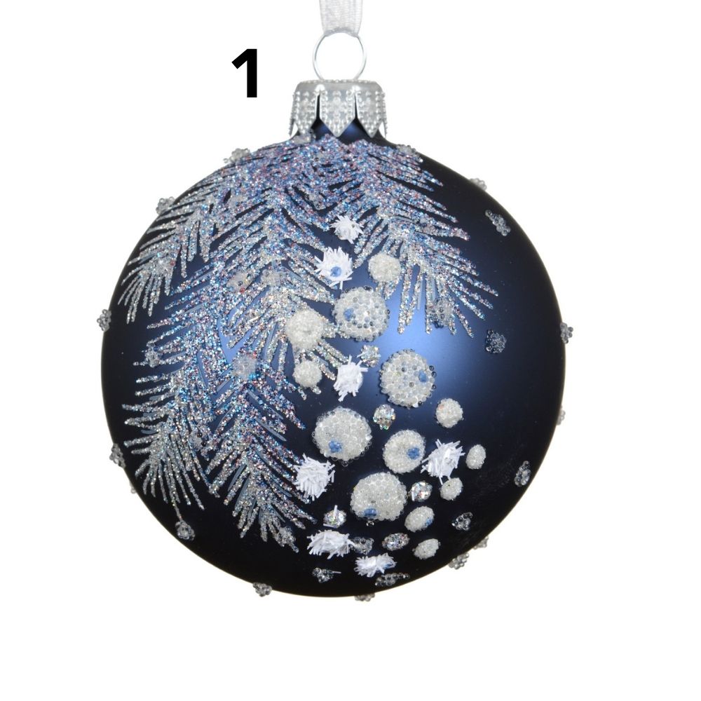 Decoris 8cm Blue Matte Glass Bauble with Leaves & Berries (Choice of 2)