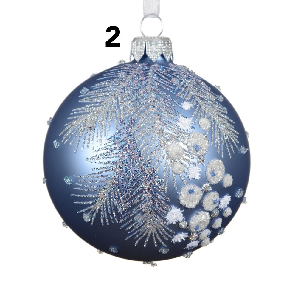 Decoris 8cm Blue Matte Glass Bauble with Leaves & Berries (Choice of 2)