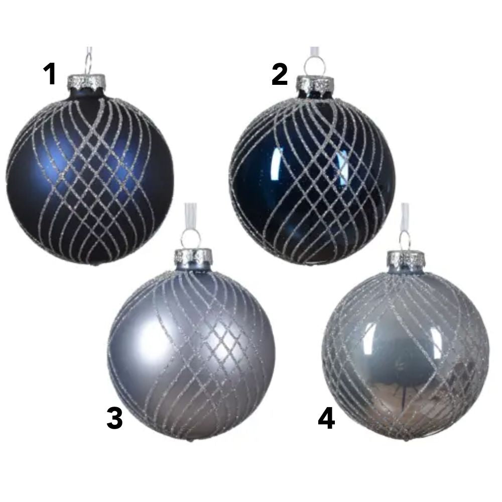Decoris 8cm Blue/Silver Shiny/matte Baubles with Silver Glitter Line Design (Choice of 4)