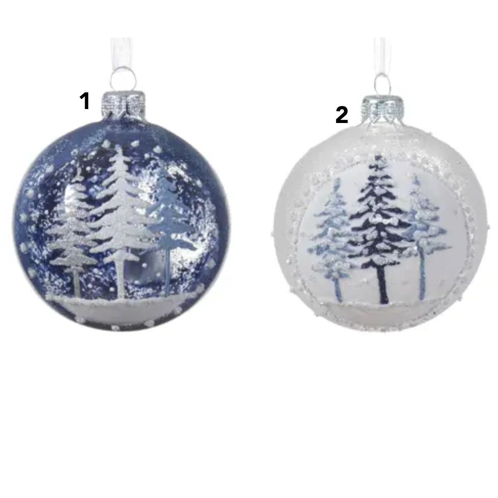 Decoris 8cm Blue/White Transparent Glass Bauble with Snow Trees (Choice of 2)