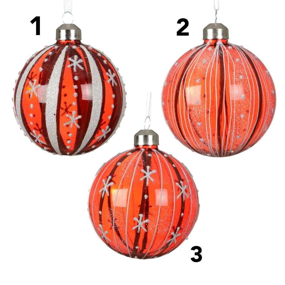Decoris 8cm Christmas Red Glass Bauble with Snowflakes (Choice of 3)