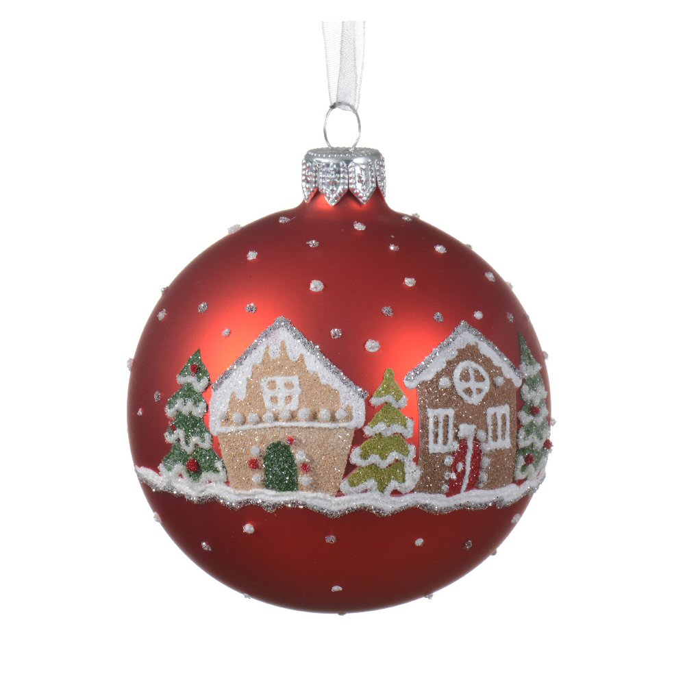 Decoris 8cm Christmas Red Matt Houses Bauble
