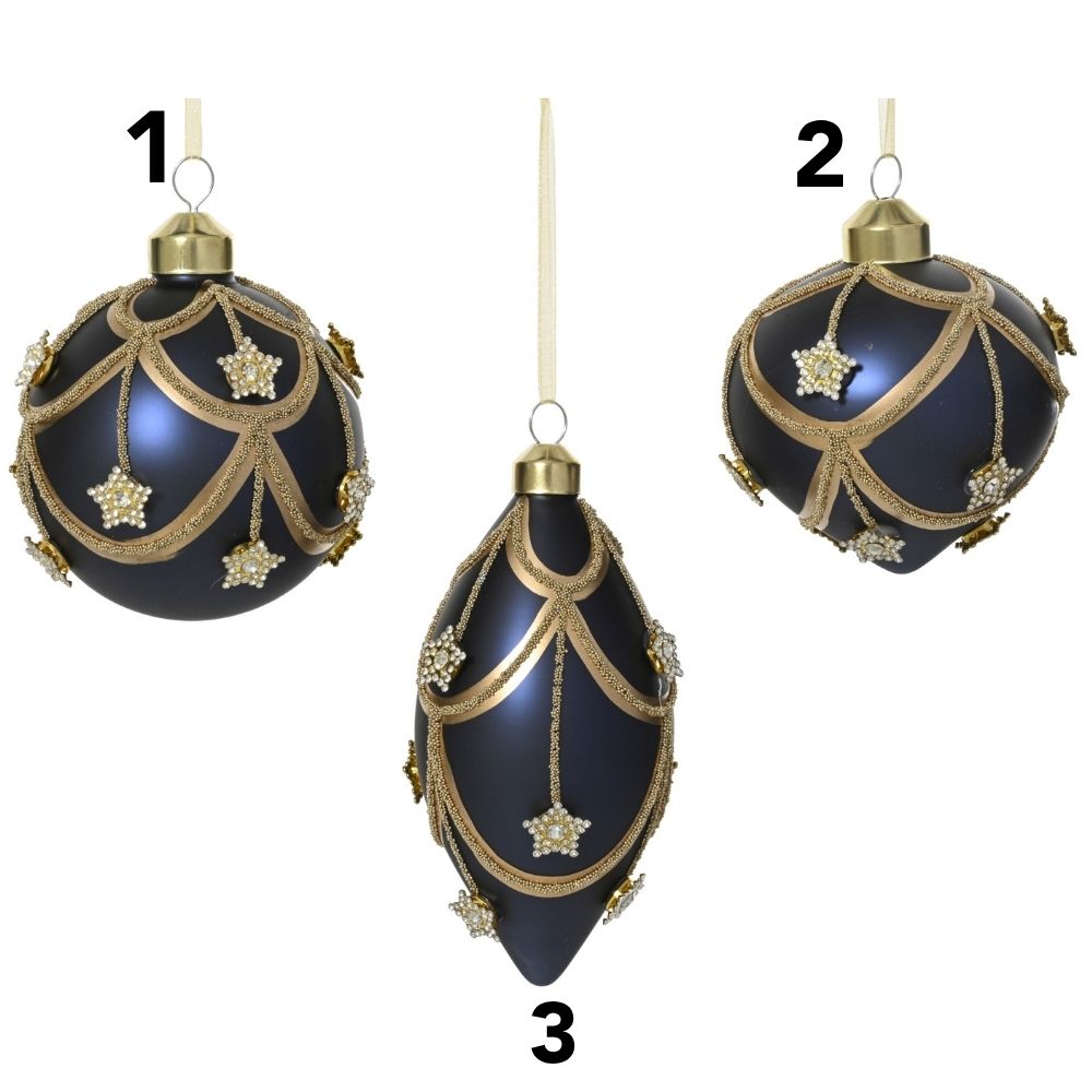 Decoris 8cm Night Blue with Gold Stars Matte Glass Bauble (Choice of 3)