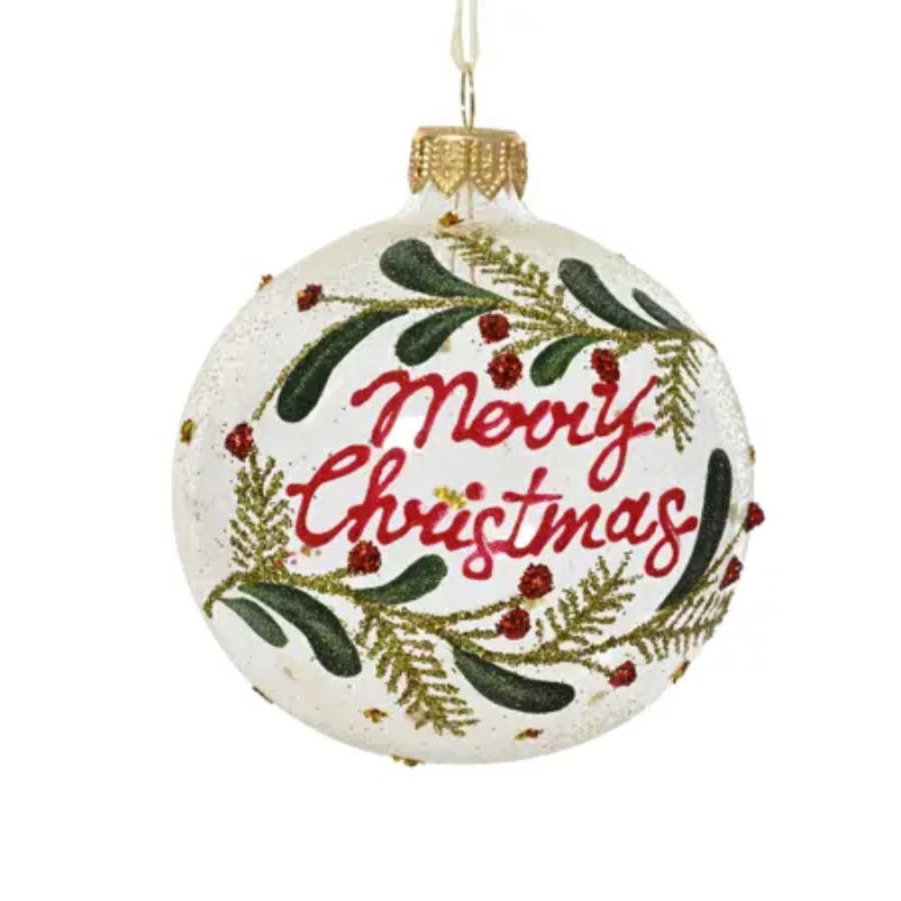Decoris 8cm Clear Glass 'Merry Christmas' Bauble