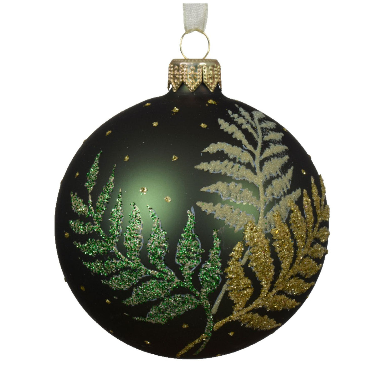 Decoris 8cm Forest Green Glitter Fern Leaves Glass Bauble