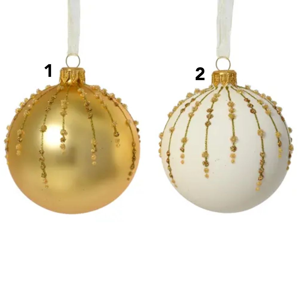 Decoris 8cm Gold/White Matte Glass Bauble with Ballotine Drops (Choice of 2)