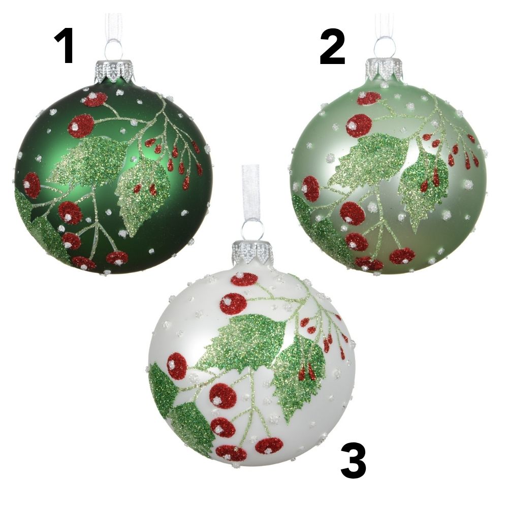 Decoris 8cm Green/White Matte Glass Bauble with Berry Branches (Choice of 3)