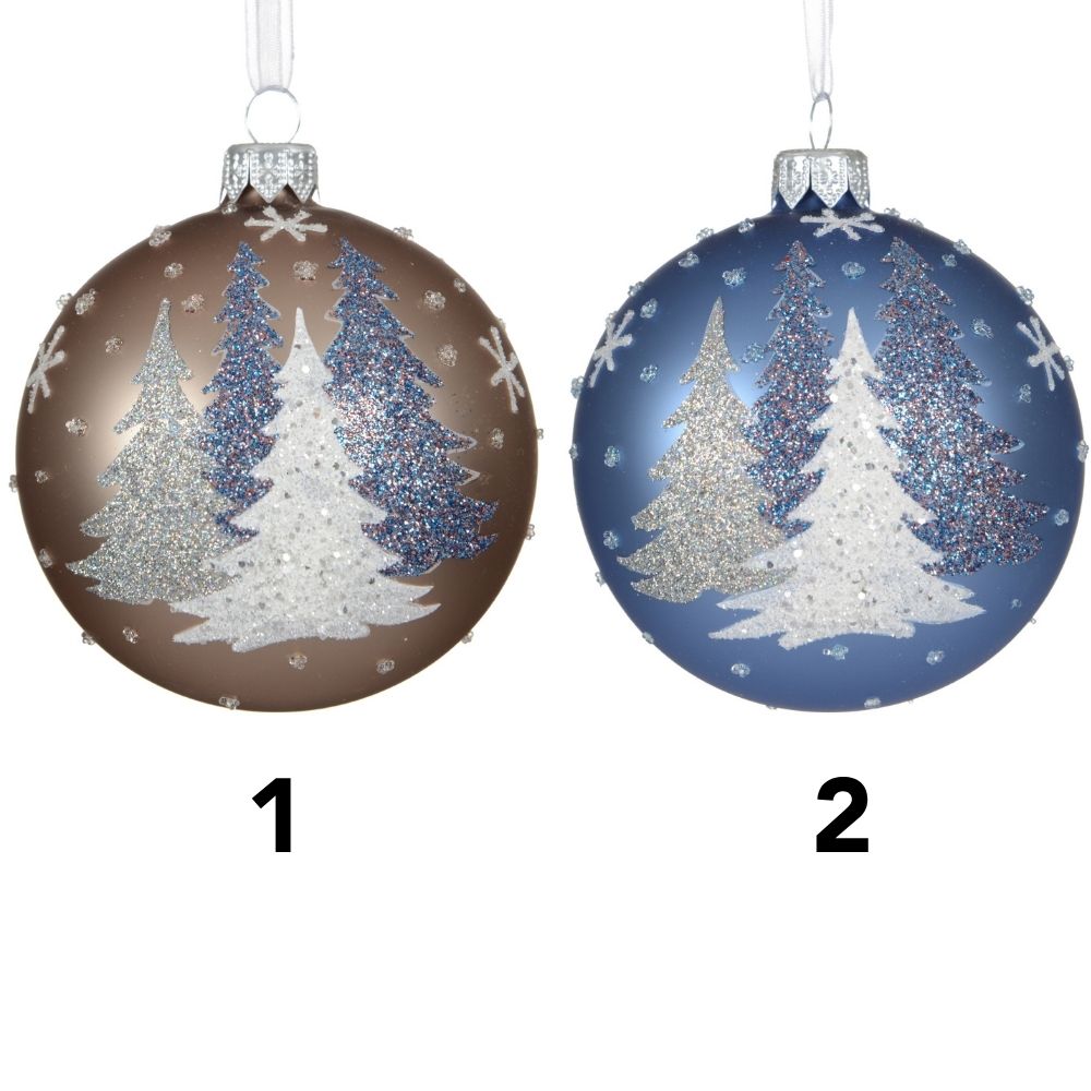Decoris 8cm Matte Glass Bauble With Christmas Tree Scene (Choice of 2)