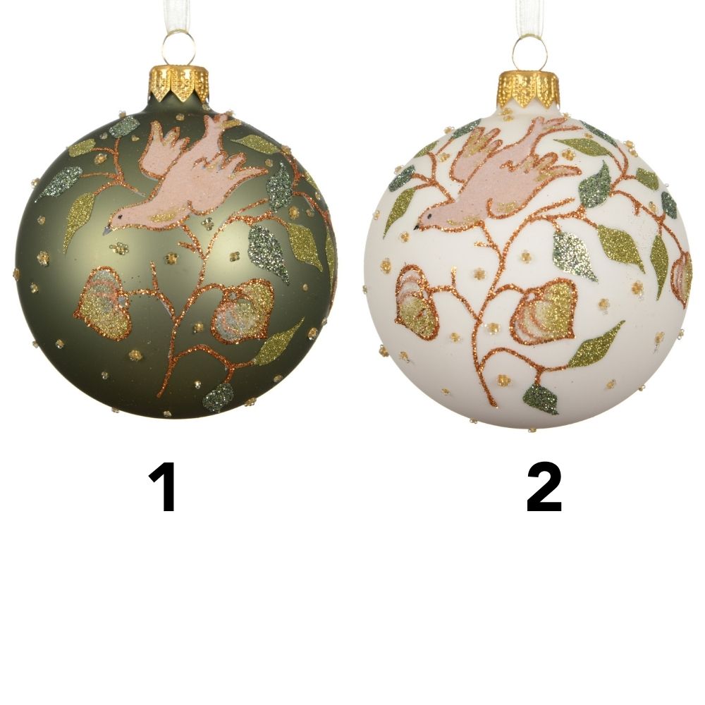 Decoris 8cm Matte Glass Bauble with Bird & Branches (Choice of 2)