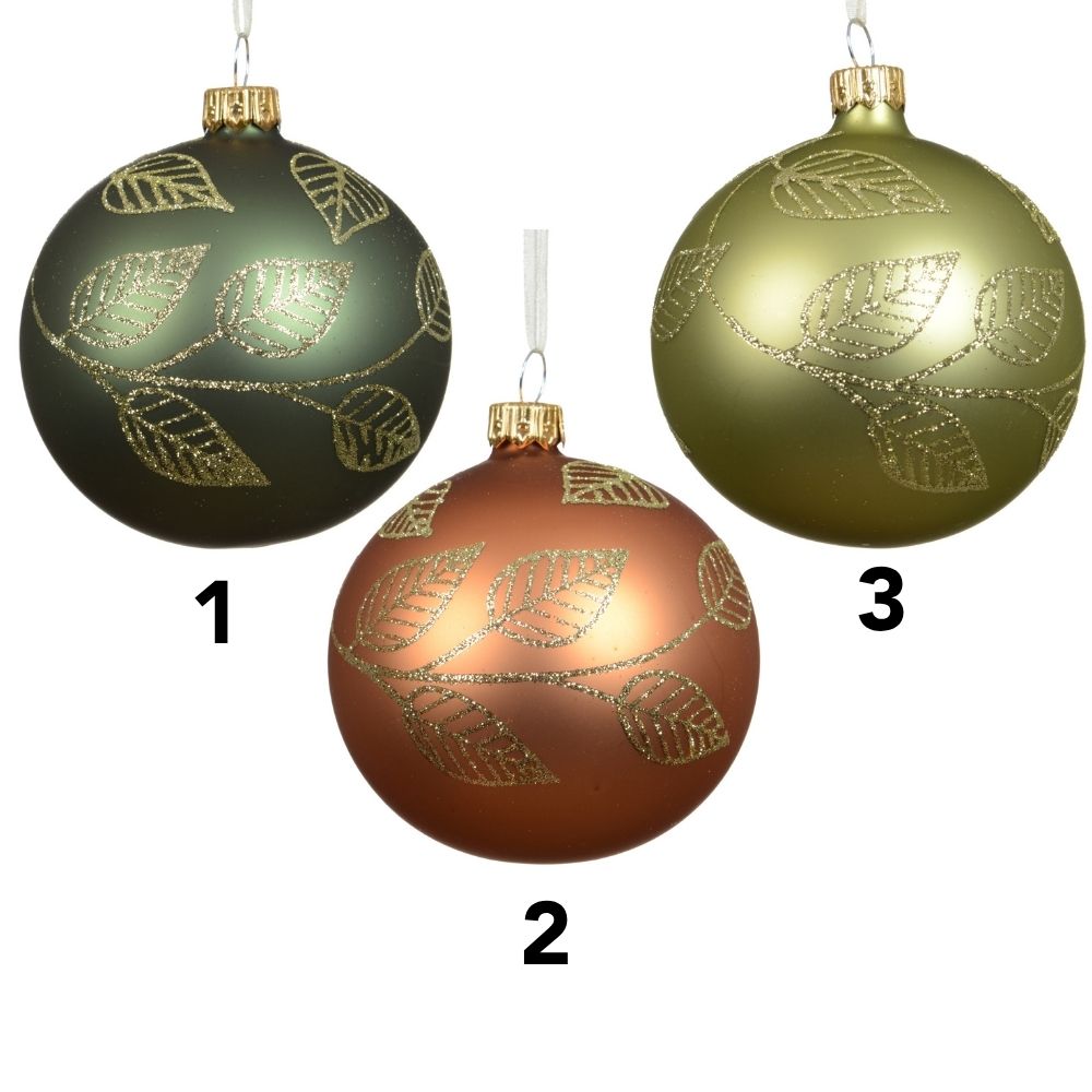 Decoris 8cm Matte Glass Bauble with Leaf Branches (Choice of 3)