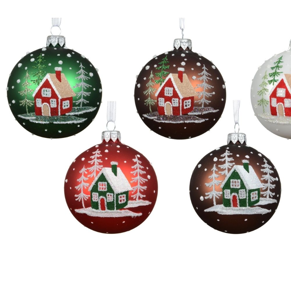 Decoris 8cm Matte Glass Bauble with Winter House (Choice of 6)