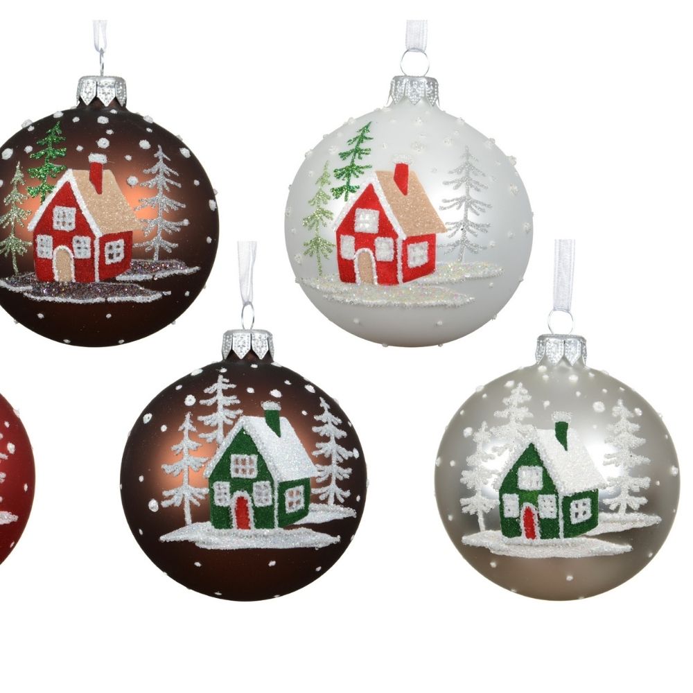 Decoris 8cm Matte Glass Bauble with Winter House (Choice of 6)