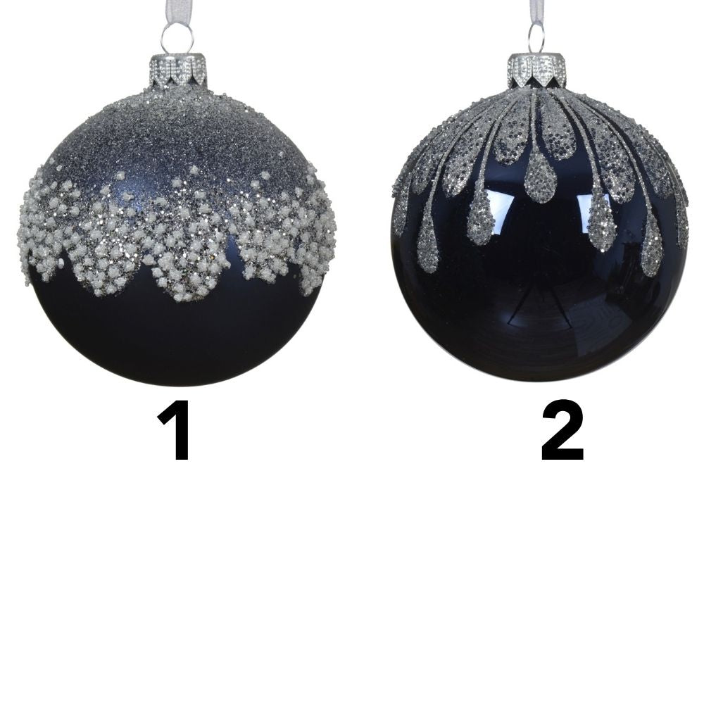 Decoris 8cm Night Blue Glass Bauble with Sparkle Top (Choice of 2)
