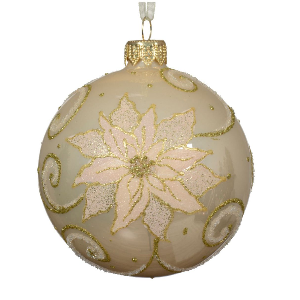 Decoris 8cm Pearl Glitter Gold Poinsettia Glass Bauble