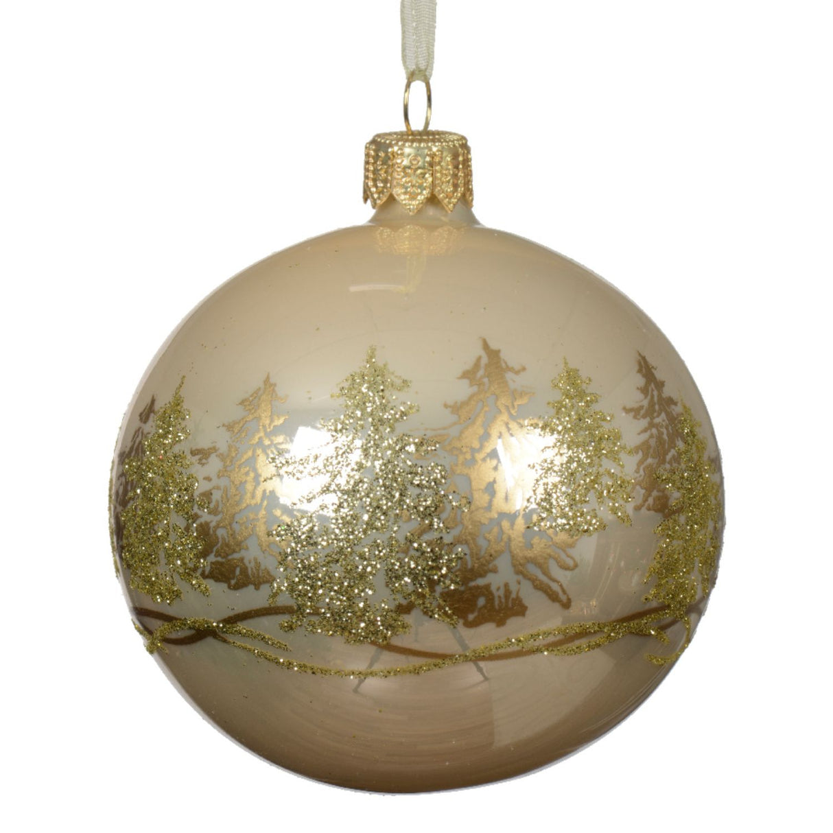 Decoris 8cm Pearl Glitter Gold Trees Glass Bauble