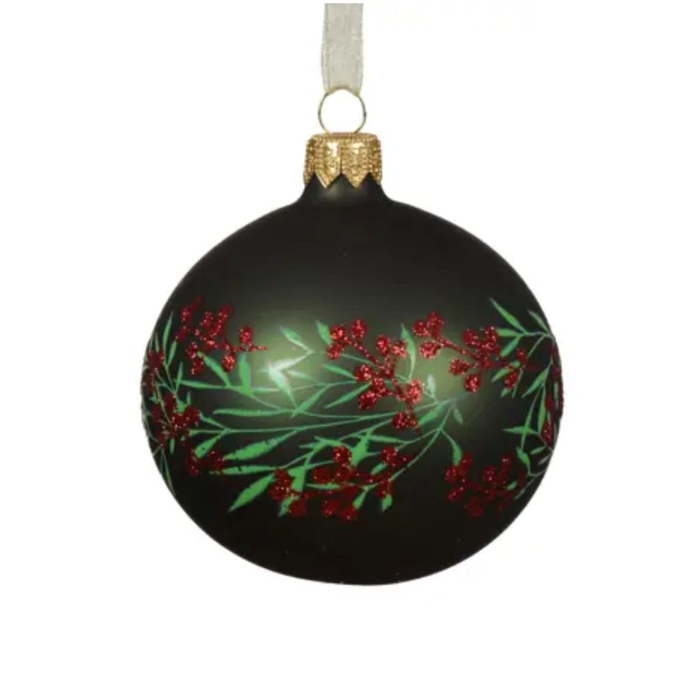 Decoris 8cm Pine Green Matte Glass Bauble with Berries
