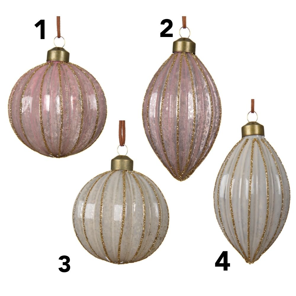 Decoris 8cm Pink/Cream Glass Baubles with Glitter Lines (Choice of 4)
